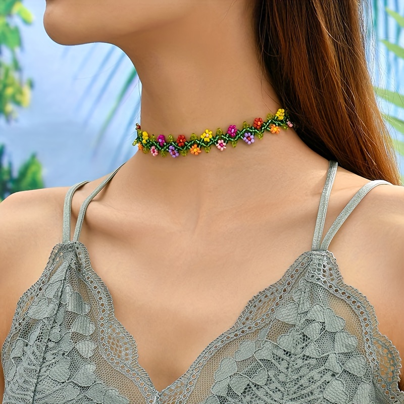 Bohemian Braided Beaded Colorful Flower Necklace